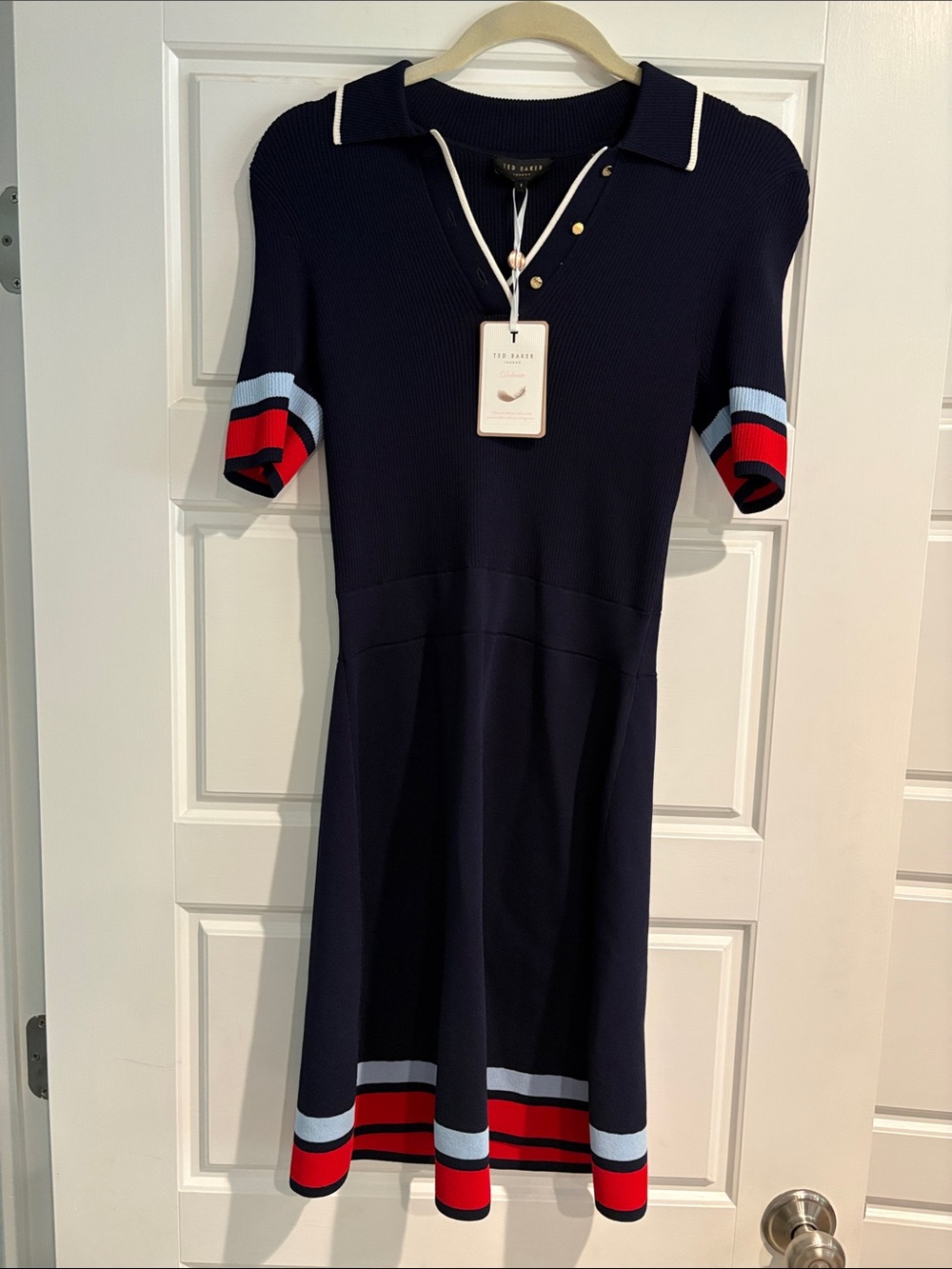 Ted Baker Navy Knit Polo Dress with Red and Light Blue Stripes
